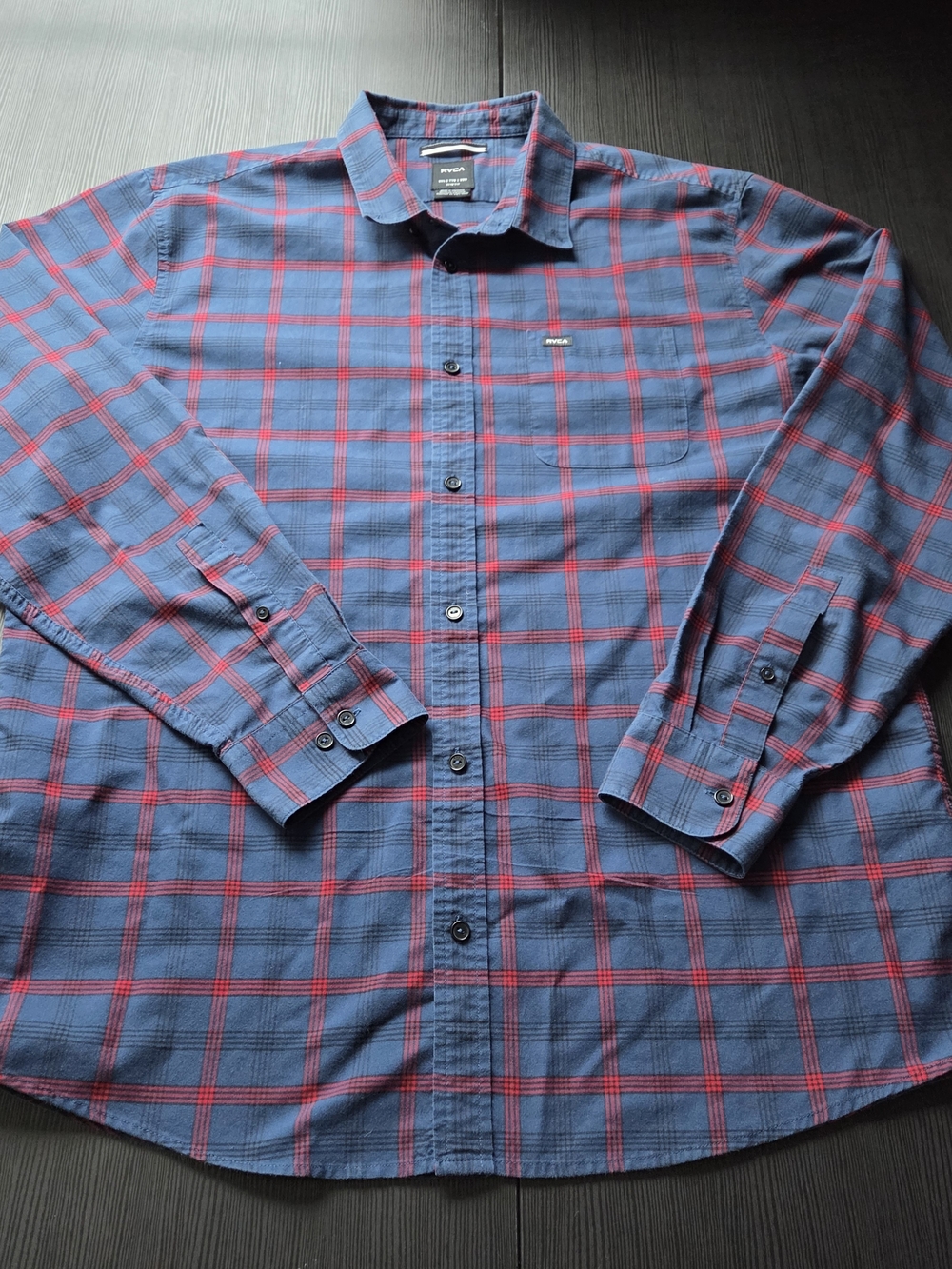 RVCA Mens Slim Fit Long Sleeve Button Up Shirt Blue Red Plaid Cotton Size XXL
